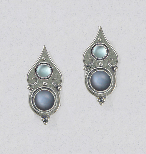 Sterling Silver Gothic Look Post Stud Earrings With Grey Moonstone And Blue Topaz